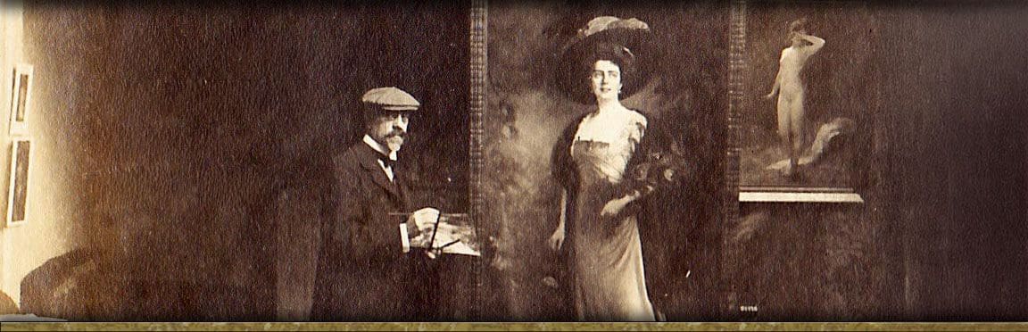 Victor Stember in a flat cap holding a palette beside a full-length portrait of a woman in a wide hat and a painting of a standing nude